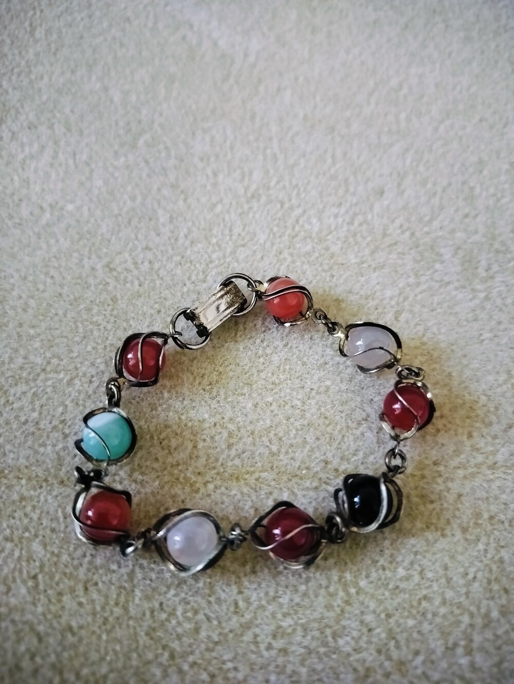 Vintage MCM Multi-Gemstone Caged Sphere Link Bracelet Wire-Wrapped Scarab-Style